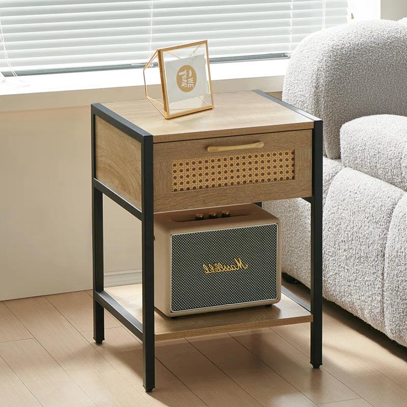 Bay Isle Home™ 15.74" Rattan End Table With  Drawer, Modern Nightstand, Metal Legs,Side Table For Living Room, Bedroom(1 Pc)