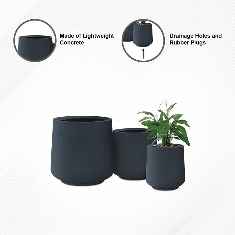 Kante Kante Round Concrete Planters, Outdoor Indoor Pots Containers with Drainage Holes Set