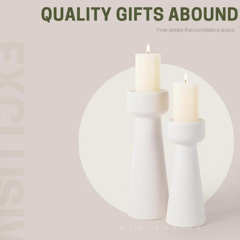 Hokku Designs Candle Holders Ceramic White Taper S&L Set Of 2 Matte Stylish Decorative Candlestick Holders