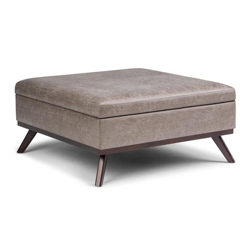 Simpli Home Owen 36"W Upholstered Square Coffee Table Storage Ottoman with Lift Top and Solid Wood Legs