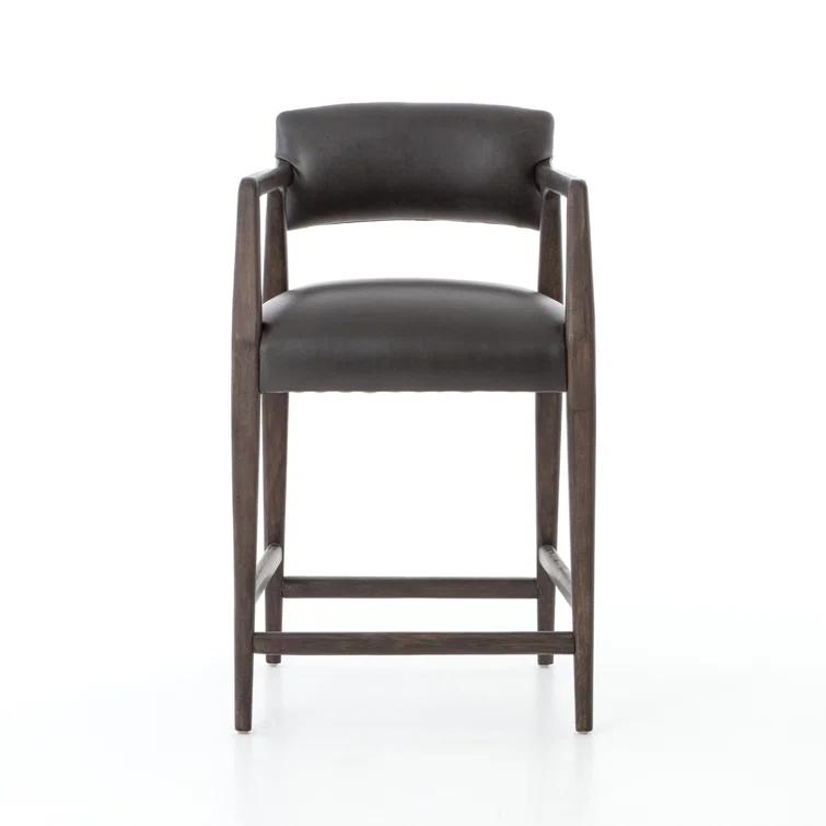 Black Leather and Wood Contemporary Bar Stool