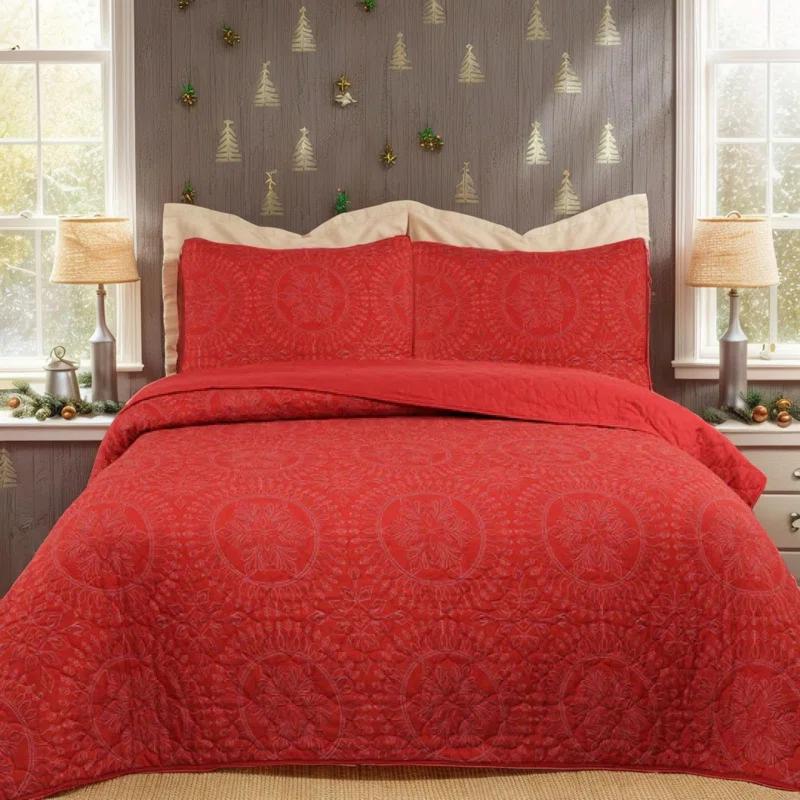 MarCielo 3 Pcs Festive Christmas Quilt Bedspread Set Holiday Bedding Medallion Red