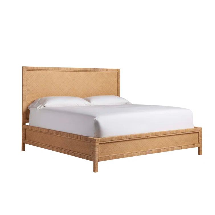 Maklaine Coastal Wicker / Rattan Panel Bed King in Mahogany Finish