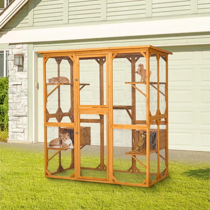 Gracie Oaks Outdoor Cat Enclosure with Roof 72" Height Cat Wooden House Large Cat Catio