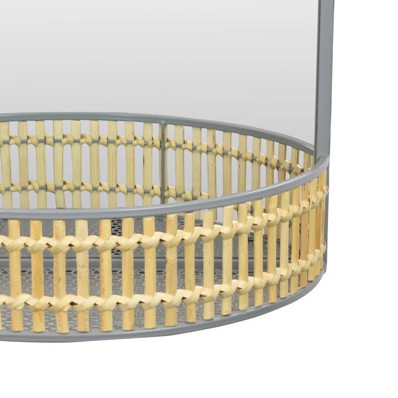 Benjara Elpis Wall Mirror Decor with Woven Shelf, 20 Inch Tall Metal