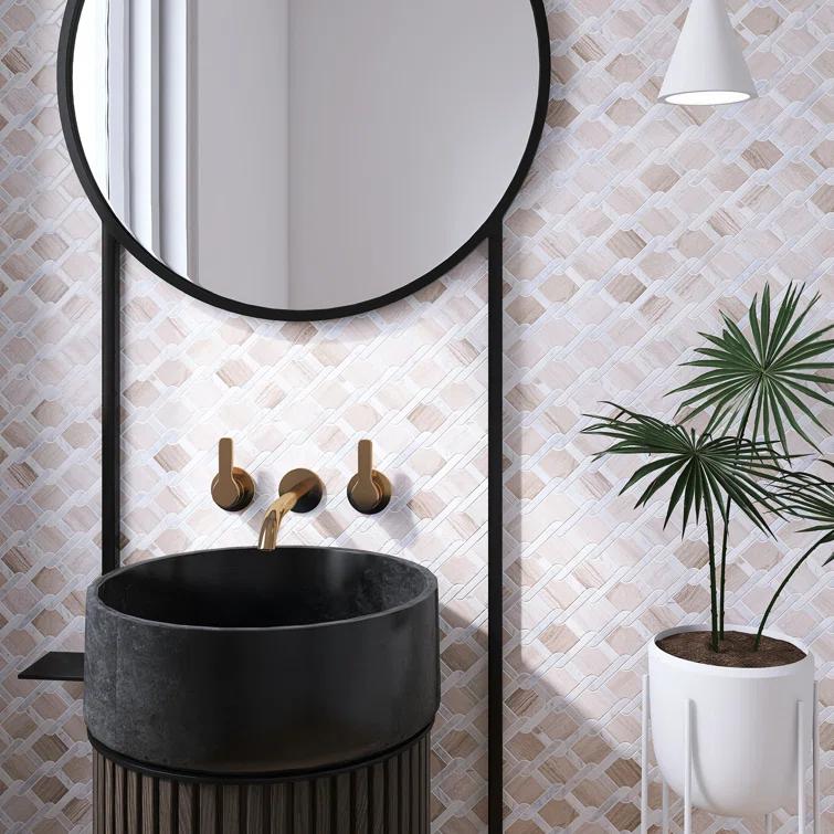 Supreme Tile Wooden Beige 12.01 in. x 12.01 in. Geometric Polished Marble Mosaic Tile