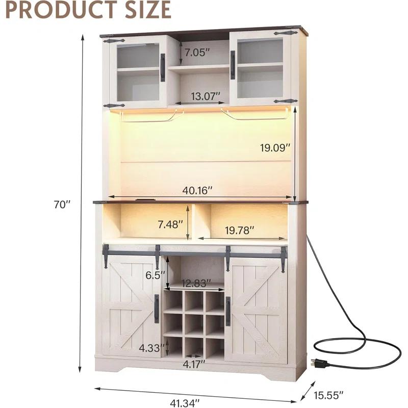 Gracie Oaks Coffee Bar Cabinet with Sliding Barn Door, Buffet Cabinet with Hutch, Kitchen Pantry Cabinet with Power Outlet & Lighting, Tall Liquor Chest for Home Dining Room, White