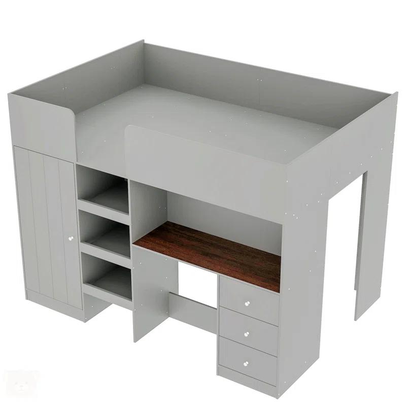 NTYUNRR Wood Full Size Loft Bed With Built-In Wardrobe