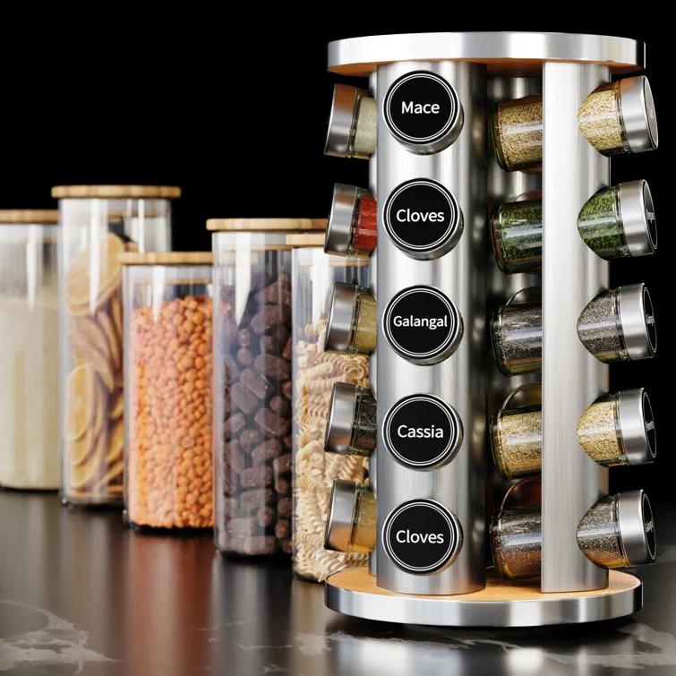 New England Stories Revolving Spice Rack Set with 20 Spice Jars - Kitchen Spice Tower Organizer for Countertop or Cabinet, Includes 386 Spice Labels, Rotating Desktop Seasoning Organizer