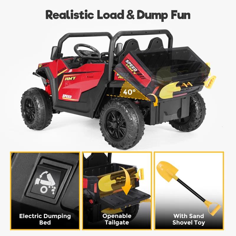 Kimbosmart 24V Ride On Dump Truck, 2 Seater Kids Electric Car, Electric Dump Bed, 20" Wide Seat, Battery Powered Cars