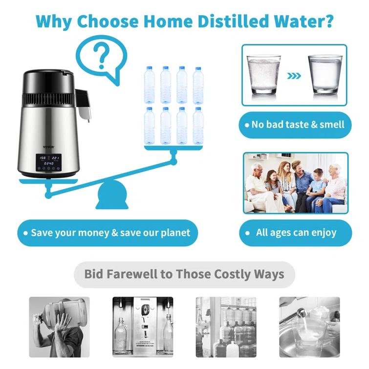 VEVOR VEVOR 1.1 Gallon Countertop Water Distiller, 0.4 Gal/H, 1750W Stainless Steel Distiller