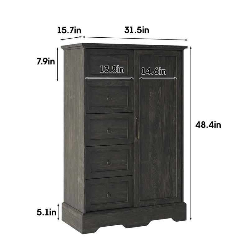 Gracie Oaks 5 Drawers Dresser With Cabinet, 48" Tall Chest, Wooden Closet Dresser With Sliding Barn Door For Living Room, Hallway
