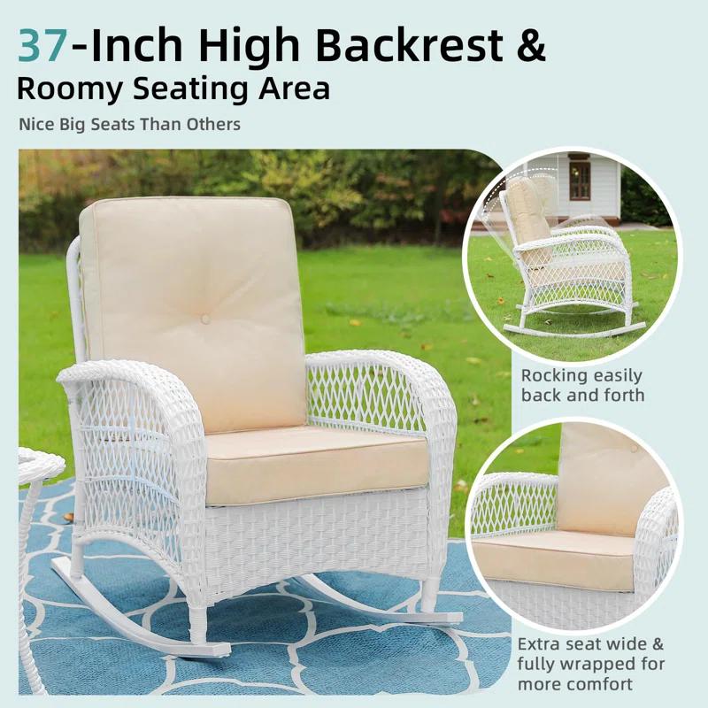 Beachcrest Home™ Beachcrest Home Outdoor Wicker Rocking Chairs Set Of 2, Rattan Patio Rocker Chairs With Thick Cushions And High Back, All-Weather Patio Wicker Chair With Safe Rocking Design For Garden, White Wicker