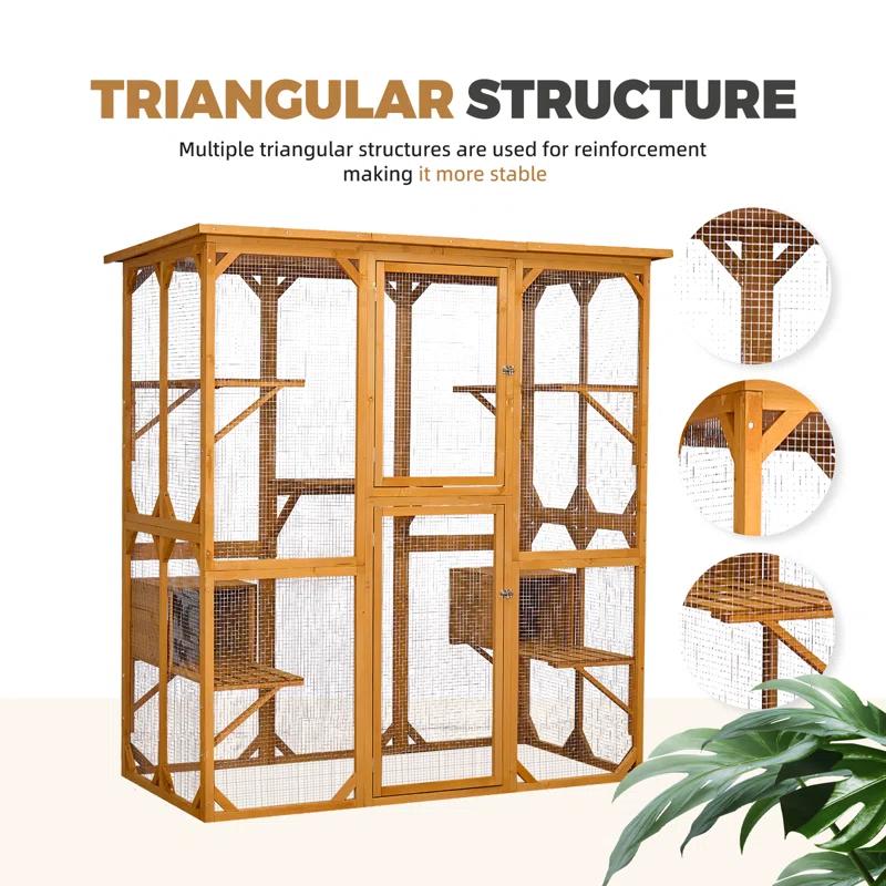 Gracie Oaks Outdoor Cat Enclosure with Roof 72" Height Cat Wooden House Large Cat Catio