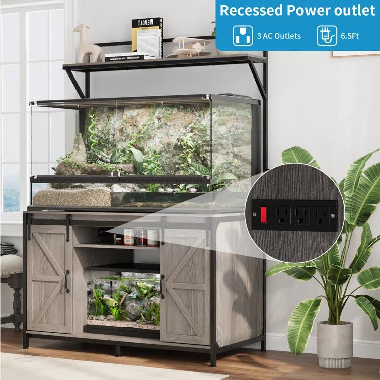 Gracie Oaks Siems Heavy Duty Aquarium Stand with Storage Cabinet, Farmhouse Reptile Tank Stand with Power Outlet, 48" X 24" Tabletop Fits up to 120 Gallon Bearded Dragon Tank, Fish Tank Turtle Terrarium Stand