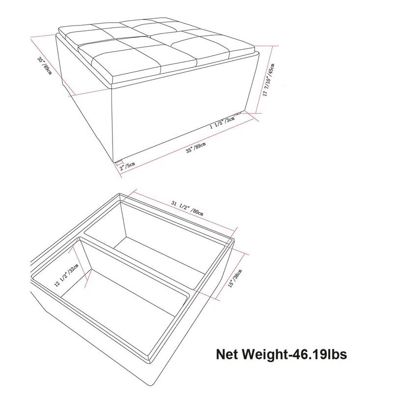 Simpli Home Avalon 35"W Upholstered Square Coffee Table Storage Ottoman with Flip-Over Trays