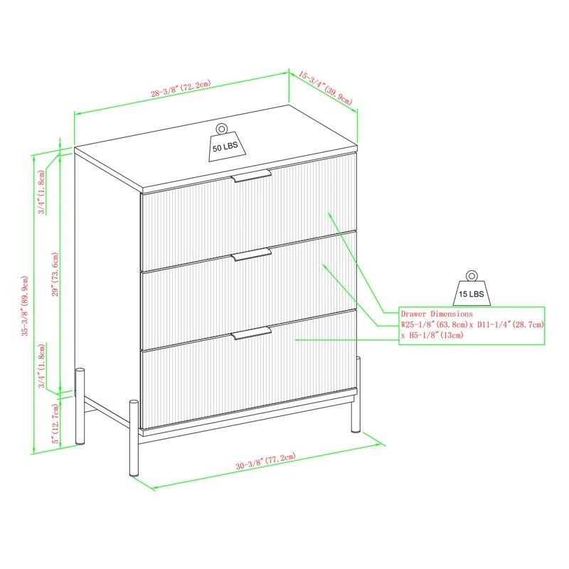 Millwood Pines Mid-Century 3-Drawer Chest with Reeded Drawer Fronts, Coastal Oak