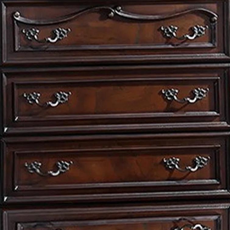 Benjara Venta Tall Dresser Chest, 5 Drawers, Carved Details Cherry Brown Solid Wood | Wayfair