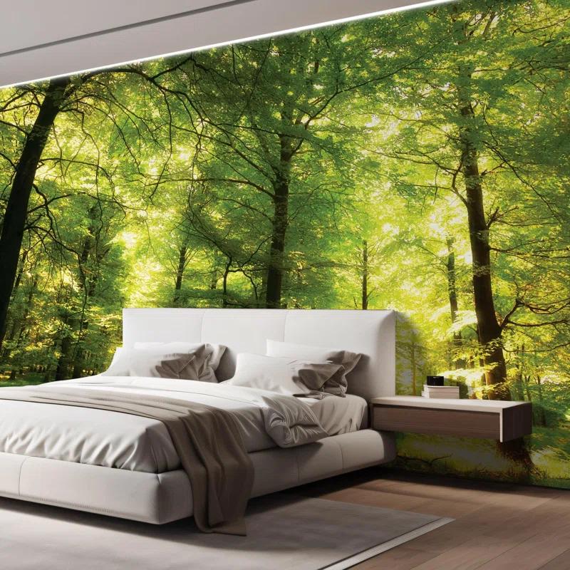 Morning Green Forest Border, Nature Landscape Wall Mural Modern Peel & Stick Wallpaper