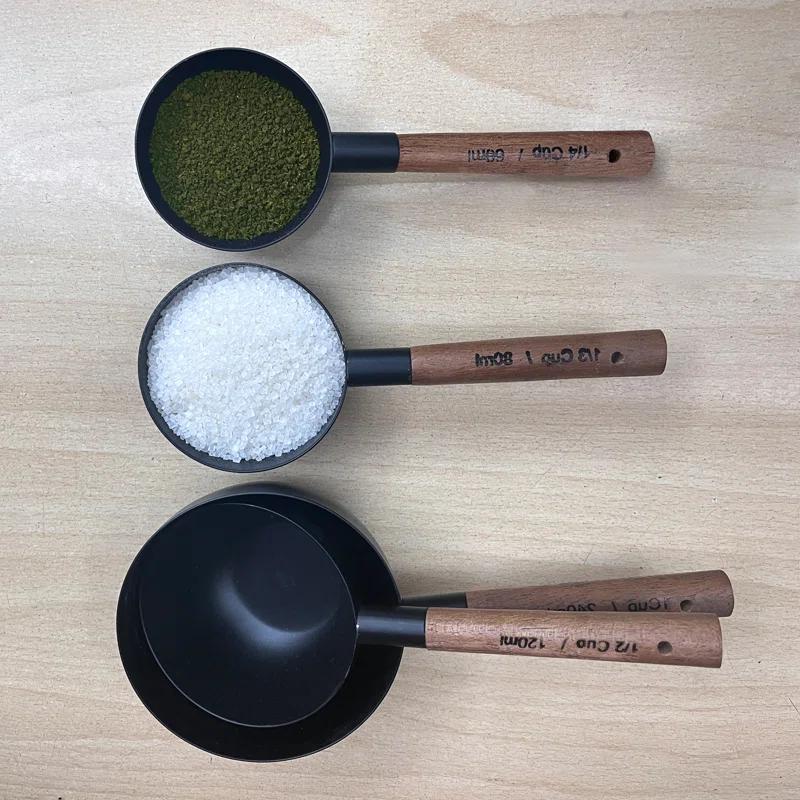 Nu Steel Stainless Steel Measuring Cups Set Of 4 Pieces, Nesting Metal Measuring Cups Set With Wooden Handles For Dry And Liquid Ingredients, Cooking & Baking