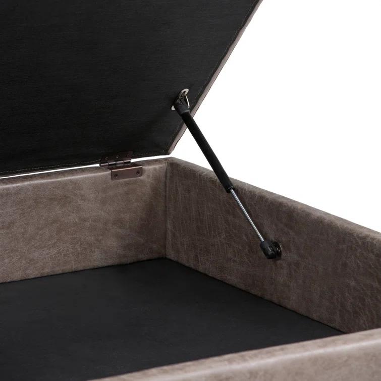 Simpli Home Owen 36"W Upholstered Square Coffee Table Storage Ottoman with Lift Top and Solid Wood Legs