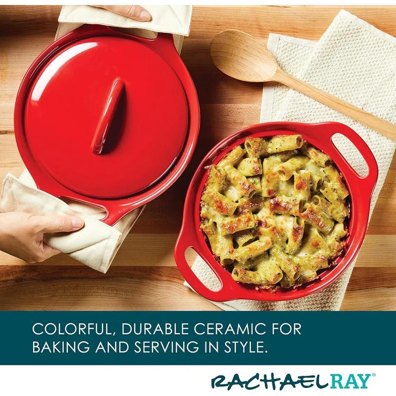 Rachael Ray Rachael Ray Ceramic Casserole Bakers Set, Includes 1.5-Quart And 2-Quart Round Casserole, With Shared Lid, 3 Piece, Red