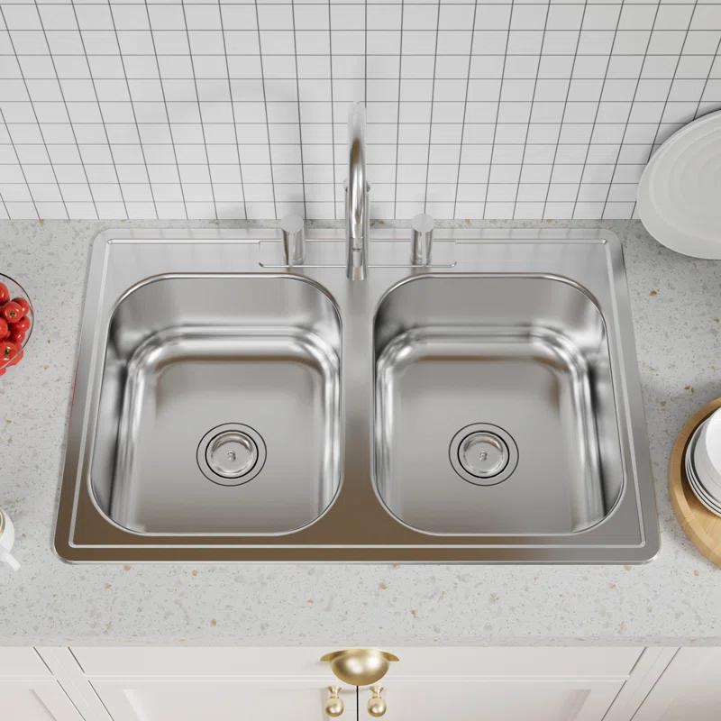 KDK HOME Stainless Steel 33" L x 22" W Drop In/Top Mount Kitchen Sink Double Bowl Stainless Steel Sink KH-3322T