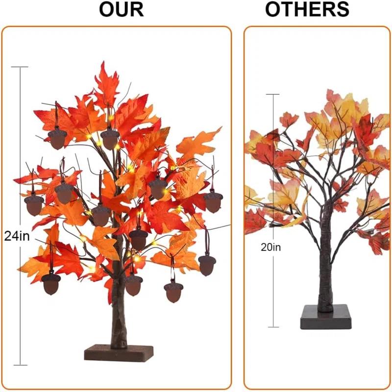 Fall Decorations For Home, 24”/2FT Lighted Fall Maple Leaves Tree With 24LT Warm White Leds For Autumn Decor, 12 Wood Acorns Ornaments Battery Powered Timer For Home Decor, Thanksgiving