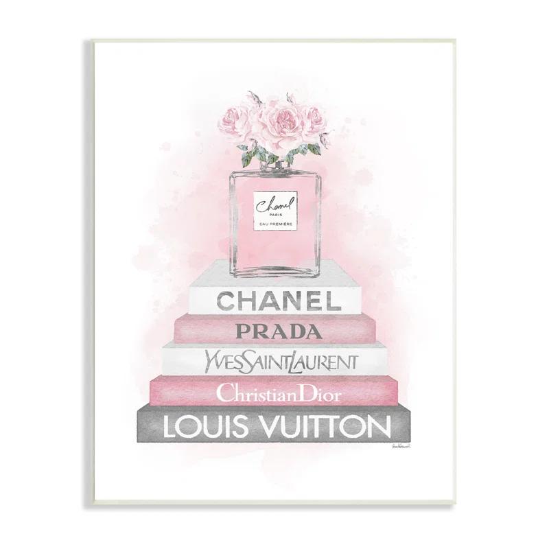 " Pink Roses Perfume Bottle Glam Fashion Bookstack " by Amanda Greenwood Painting Print