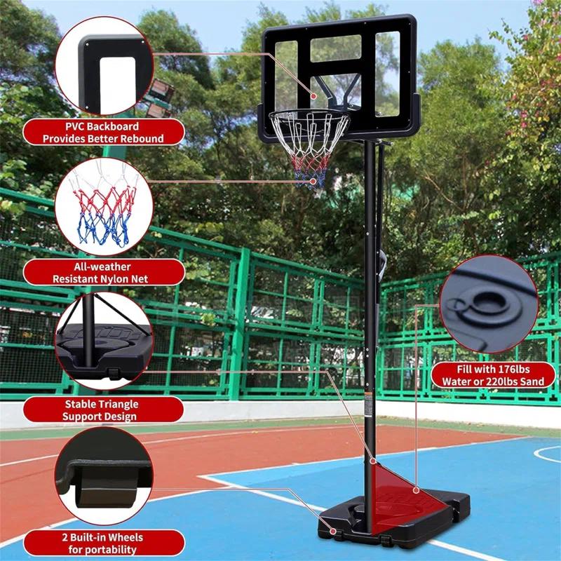 HLILish Teenagers Portable Basketball Hoop Height Adjustable Basketball Hoop Stand 7.5Ft - 10Ft With 44 Inch Backboard And Wheels For Adults Teens