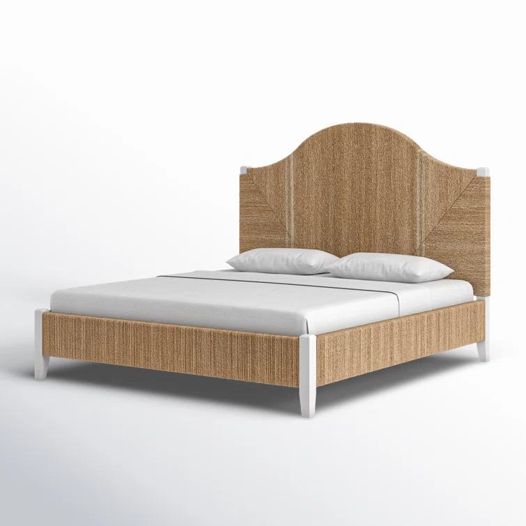 King Transitional Brown Pine Upholstered Panel Bed