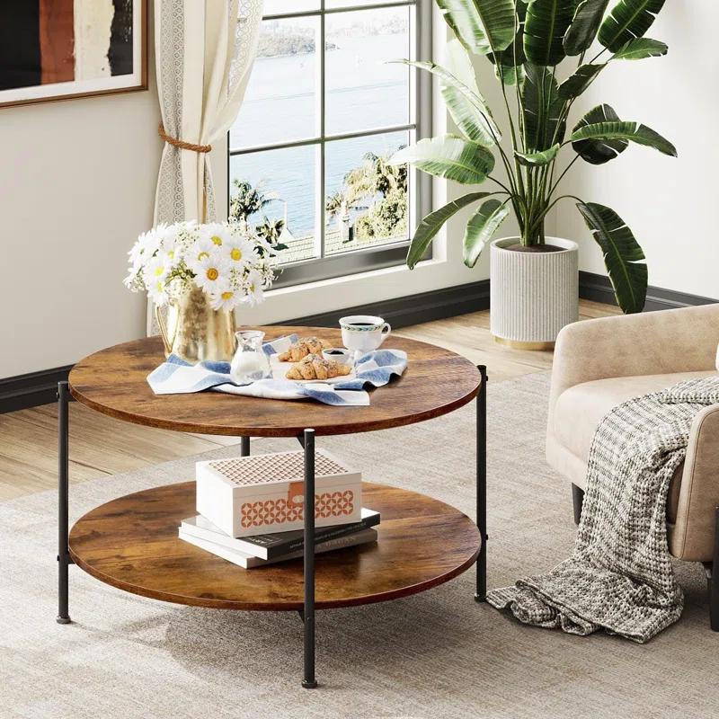 Round Coffee Table For Living Room, 32.6" Circle Coffee Table With Open Storage Shelf, 2-Tier Industrial Round Wood Center Table For Bedroom, Home Office, Rustic Brown