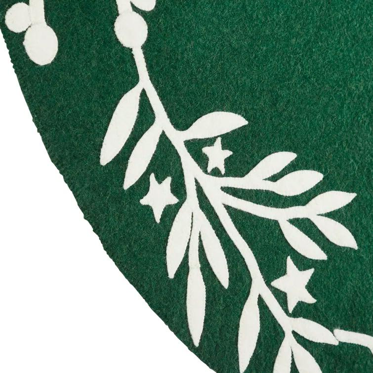 Handmade Green Felt Christmas Tree Skirt with Cream Branches and Stars - 60"