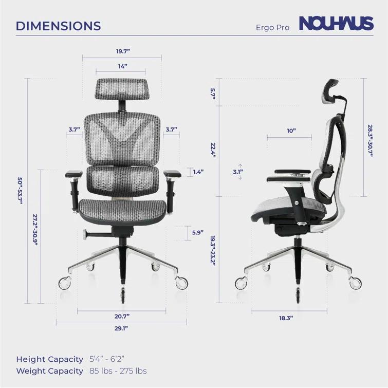 Nouhaus Inc Nouhaus Ergonomic Office Chair Lumbar Support Aluminum Alloy Backrest, Big and Tall Mesh Computer Desk Chair with Adjustable Headrest, 4D Armrest and Premium Wheels