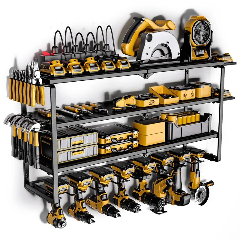 UNIVERSAL WINDOW SOLUTIONS Power Tool Organizer With Charging Station, 8 Drill Holder Wall Mount, 4 Layer Storage Rack For Garage Storage, Heavy Duty Utility Racks, Tool Battery Shelf With 6 Outlet Power Strip