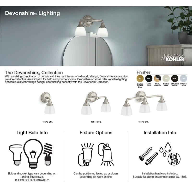 Kohler Devonshire 2 Light Indoor Bathroom Vanity Light Fixture, Position Facing Up or Down, UL Listed