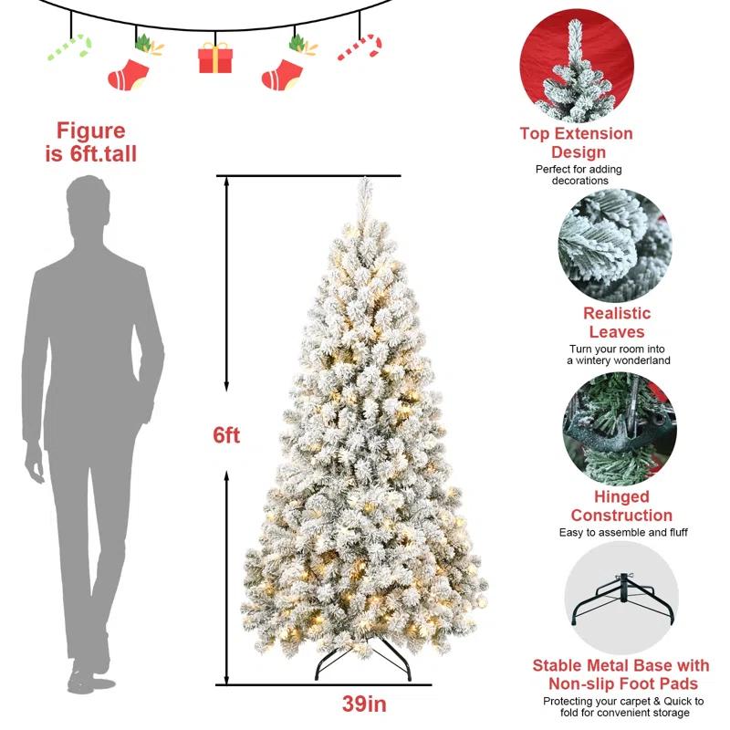 The Holiday Aisle® Pre-lit Artificial Christmas Tree Snow Flocked Holiday Christmas Tree with Metal Stand | Wayfair