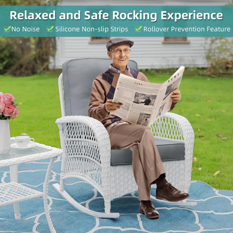 Highland Dunes Highland Dunes Outdoor Wicker Rocking Chair, Rattan Patio Rocker Chairs With Cushions And High Back, All-Weather Patio Wicker Chair With Safe Rocking Design For Garden Backyard Porch, White Wicker