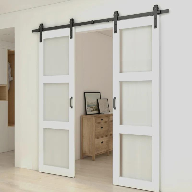 Calhome 3-Lite Tempered Frosted Glass White Finished Composite Double Sliding Barn Door with Hardware Kit Handle