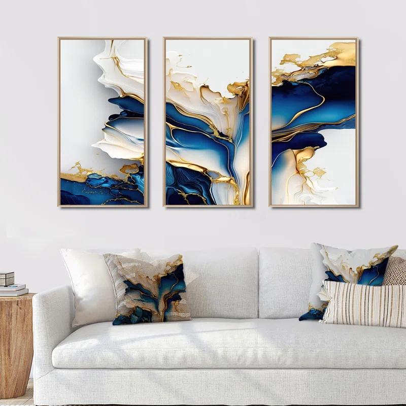 " Abstract Geode Gold And Blue Marble Shape III " 3 - Pieces