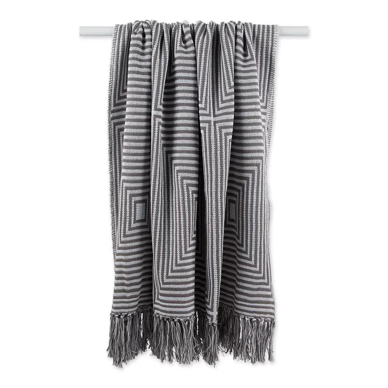 Gray Cotton Geometric Fringe Throw Blanket