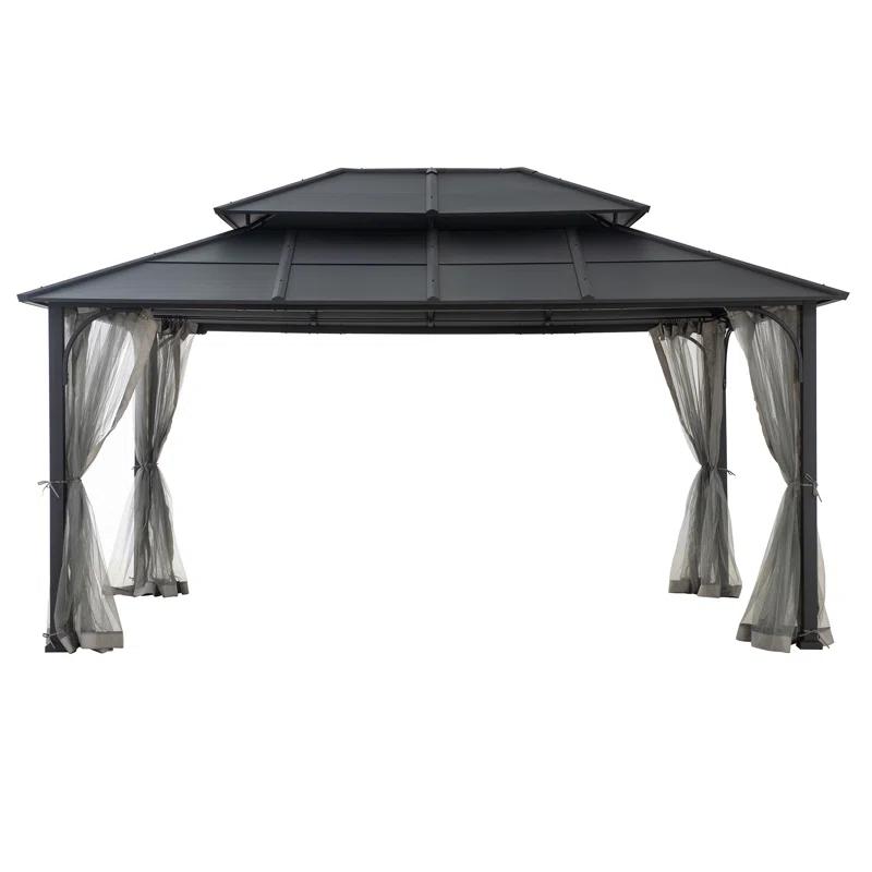 Sunjoy Sunjoy Hardtop Gazebo 12 x 16 ft. Outdoor Gazebo, Heavy Duty Steel Frame Gazebo, Double Tiered Metal Gazebo with Ceiling Hook and Removable Netting Sidewalls
