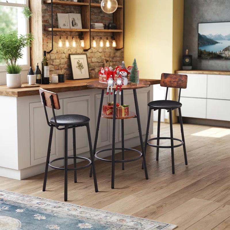 17 Stories Rustic Charm Bar Set,Weather-Resistant 3-Piece Bistro Table & Stools with Plush Backrests – Perfect for Cozy Outdoor Dining