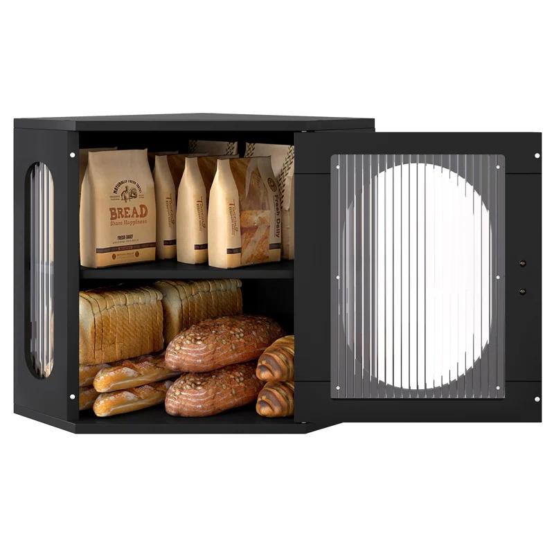 Hokku Designs Corner Bread Storage Container Double Layer Wooden Breadbox Homemade Bread Loaf Bin Farmhouse Coffee Bar Pantry Shelf With Acrylic Window, Black