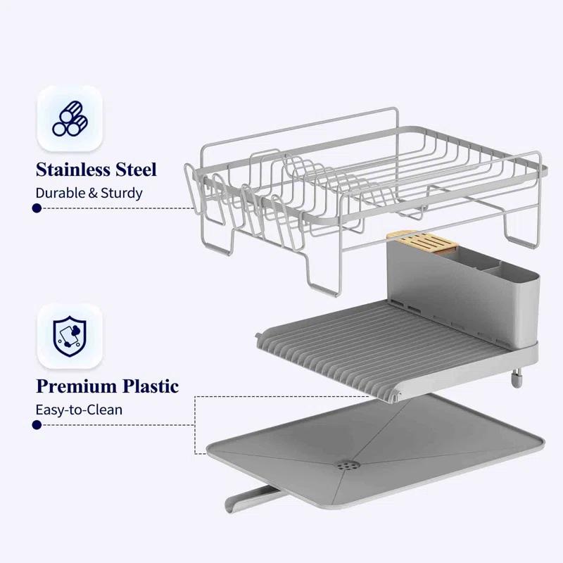 Kitsure Large Dish Drying Rack - Extendable Dish Rack, Multifunctional Dish Rack for Kitchen Counter, Anti-Rust Dish Drainers with Cutlery & Cup Holders 19.2"-26.7" L x 12.9" W, Grey