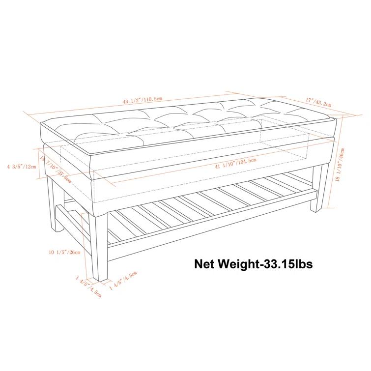 Simpli Home Saxon 43"W Tufted Transitional Storage Ottoman Bench with with Lift-Top Lid