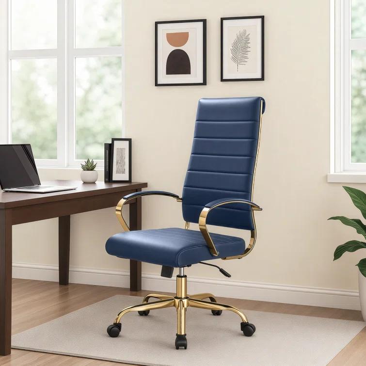 Everly Quinn Humairaa Leather Office Chair – Executive Task Chair with Swivel, Adjustable Height & Gold Base for Home Office or Conference Room