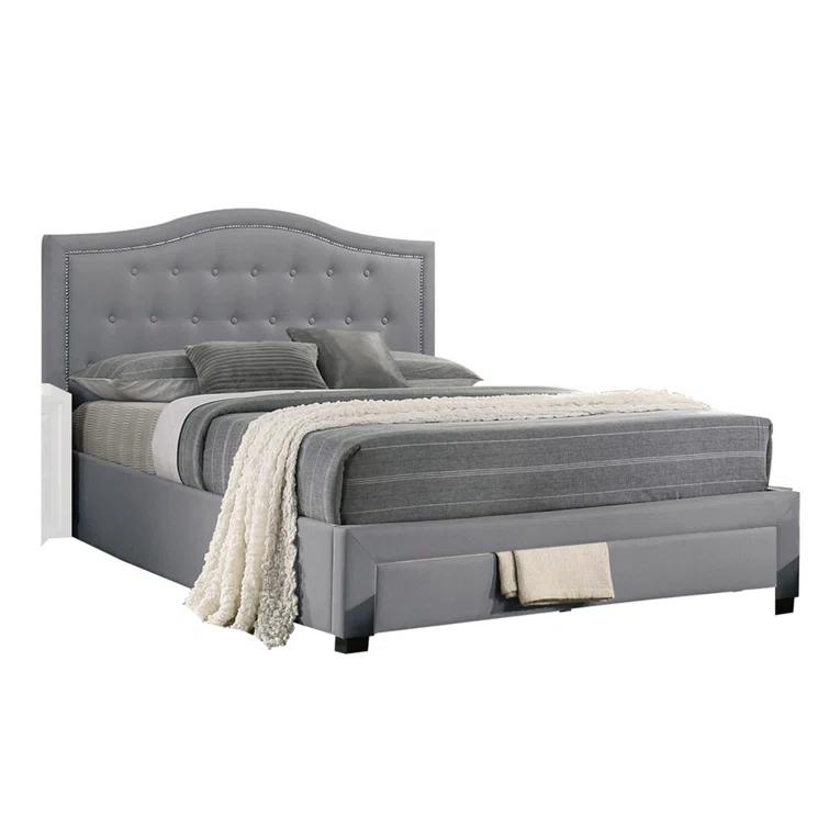 Benjara Sey  Bed W Storage Footboard, Light Gray Burlap Upholstery