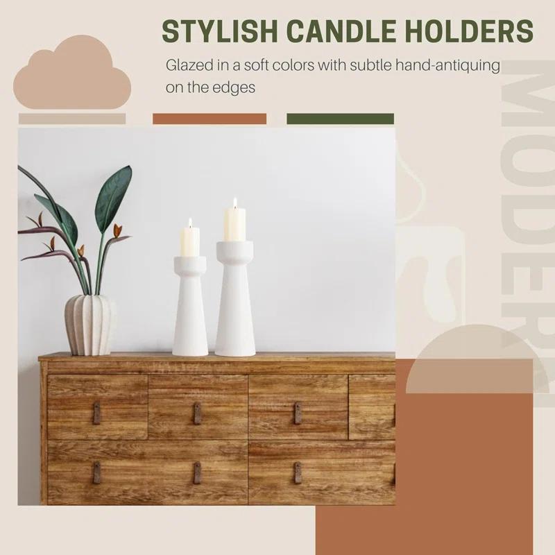 Hokku Designs Candle Holders Ceramic White Taper S&L Set Of 2 Matte Stylish Decorative Candlestick Holders