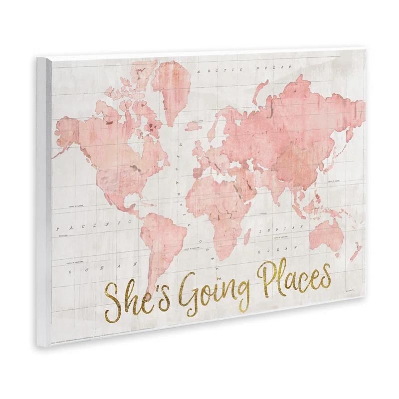 Stupell Industries She's Going Places Quote Pink Watercolor World Map by Sue Schlabach - Print